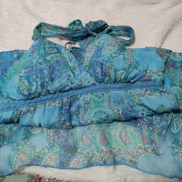Vintage Jordache Juniors' Blue Paisley Metallic Tie Neck Bra Tank- Size XL 15/17 - Picture 9 of 12